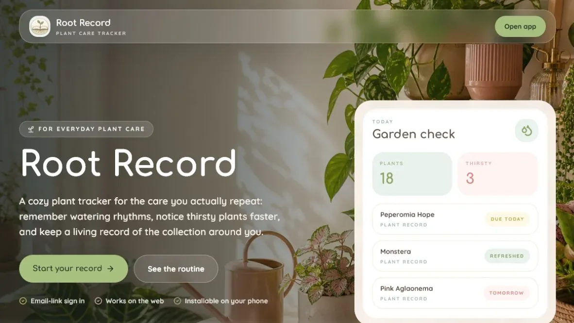 Root Record plant care tracker homepage with a garden check dashboard