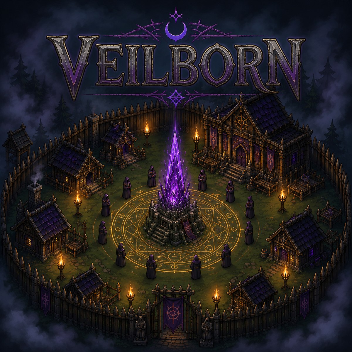 VEILBORN title artwork above an occult compound gathered around a glowing purple spire